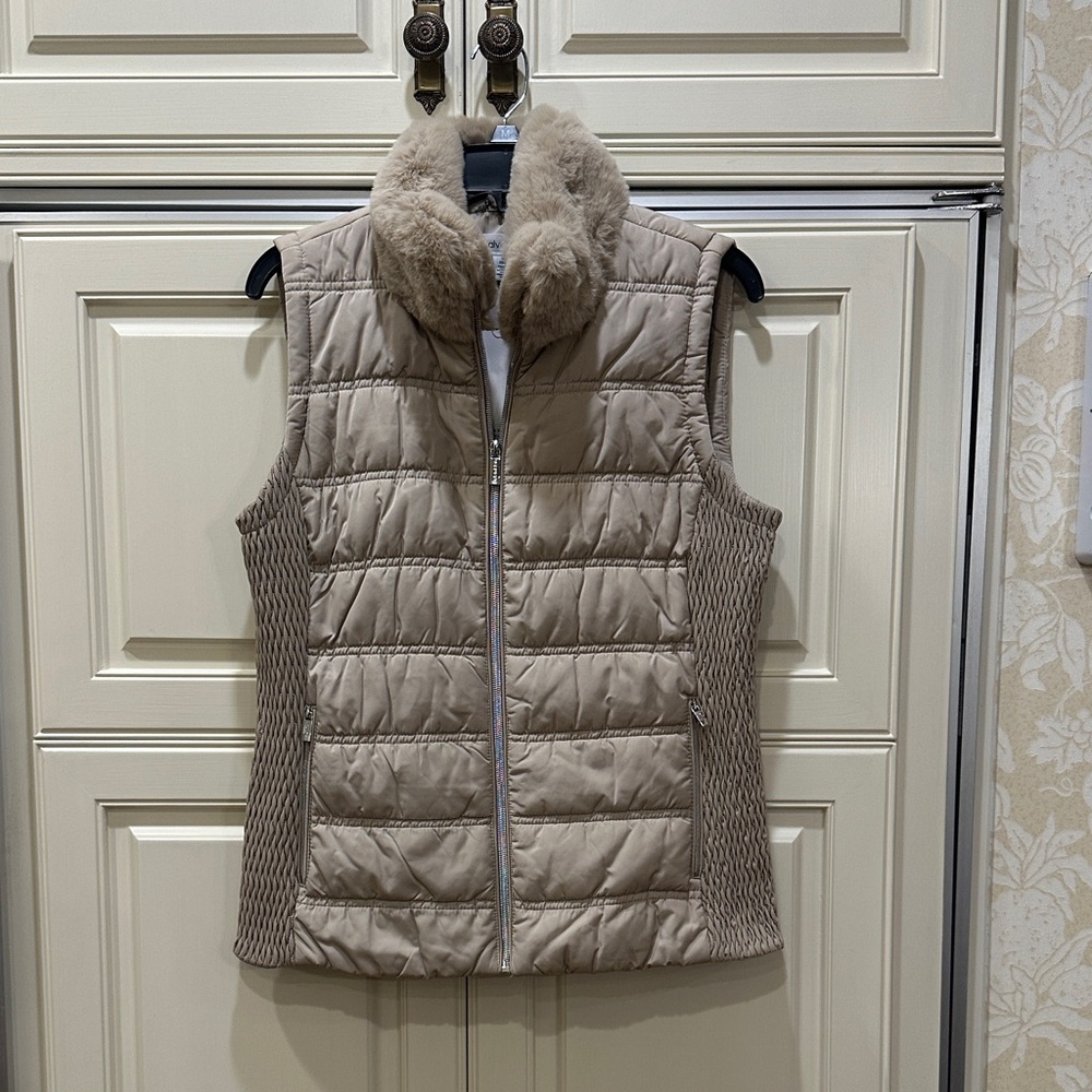 Calvin Klein Taupe Quilted Vest with Faux Fur Collar